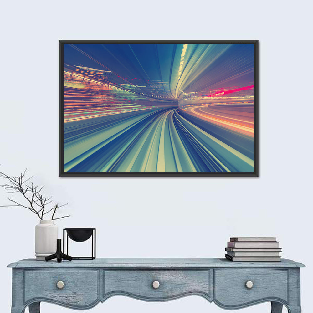 Monorail Night Light Trails Wall Art in a room, landscape