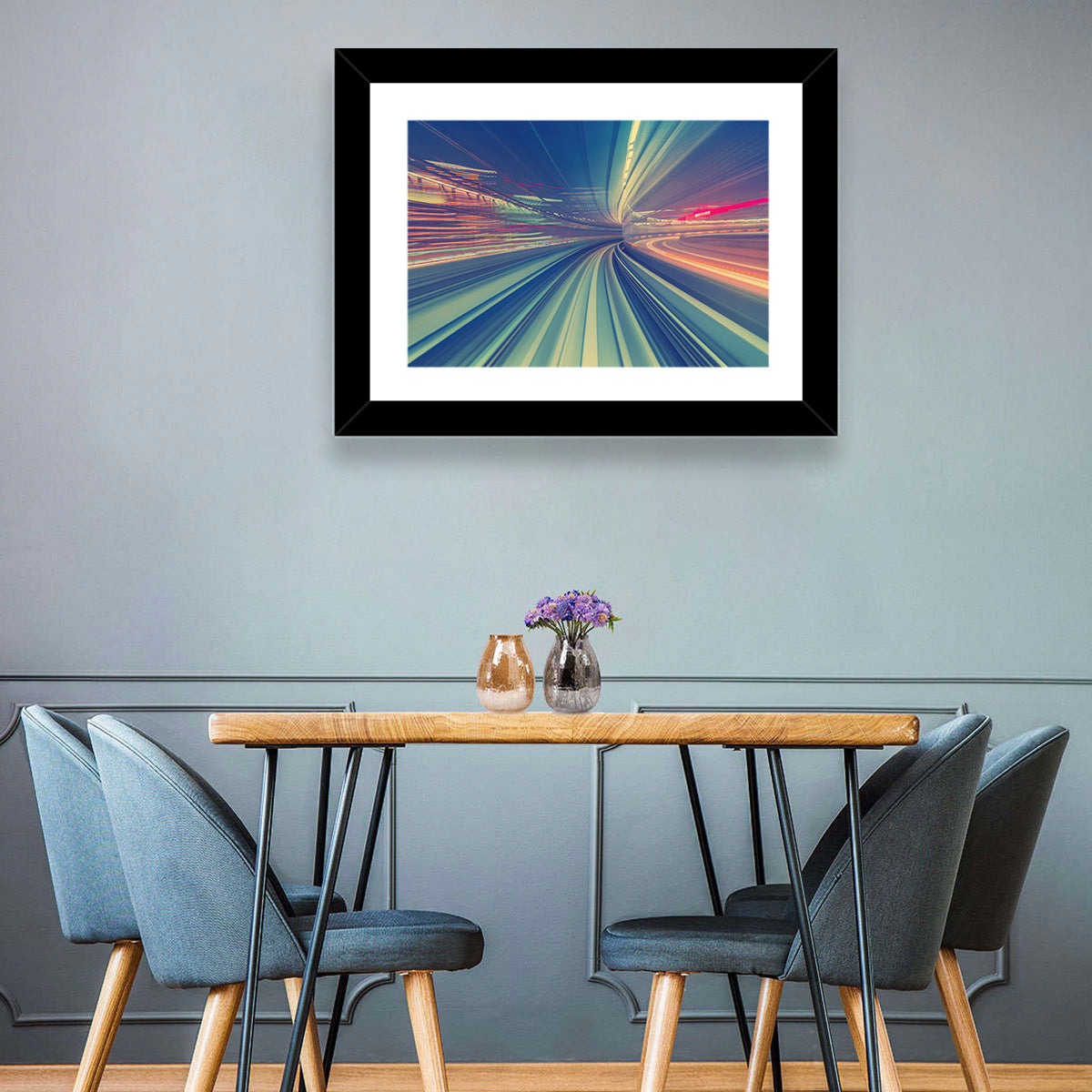 Monorail Night Light Trails Wall Art in a room, landscape