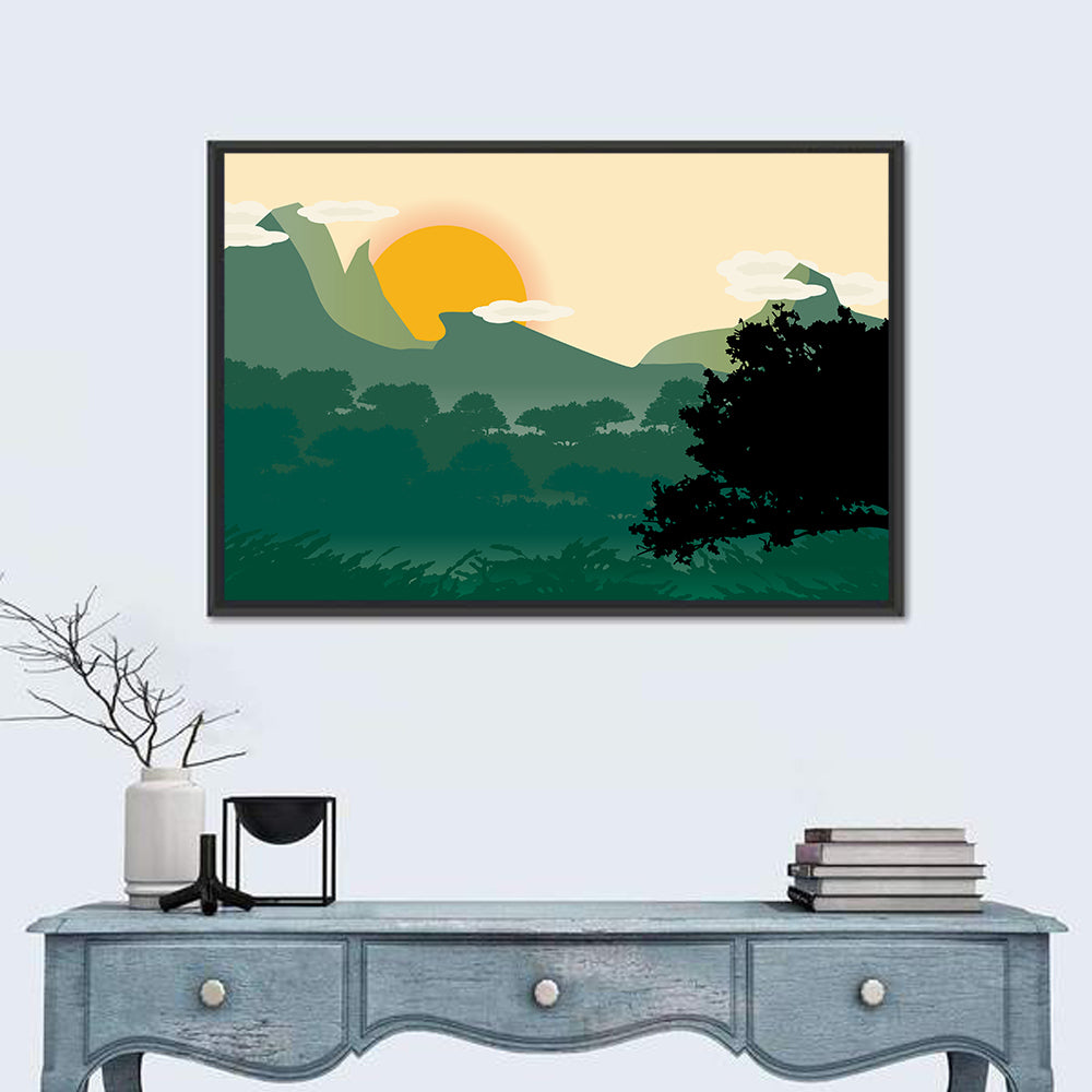 Geometric Mountain Forest Sunrise Wall Art in a room, landscape