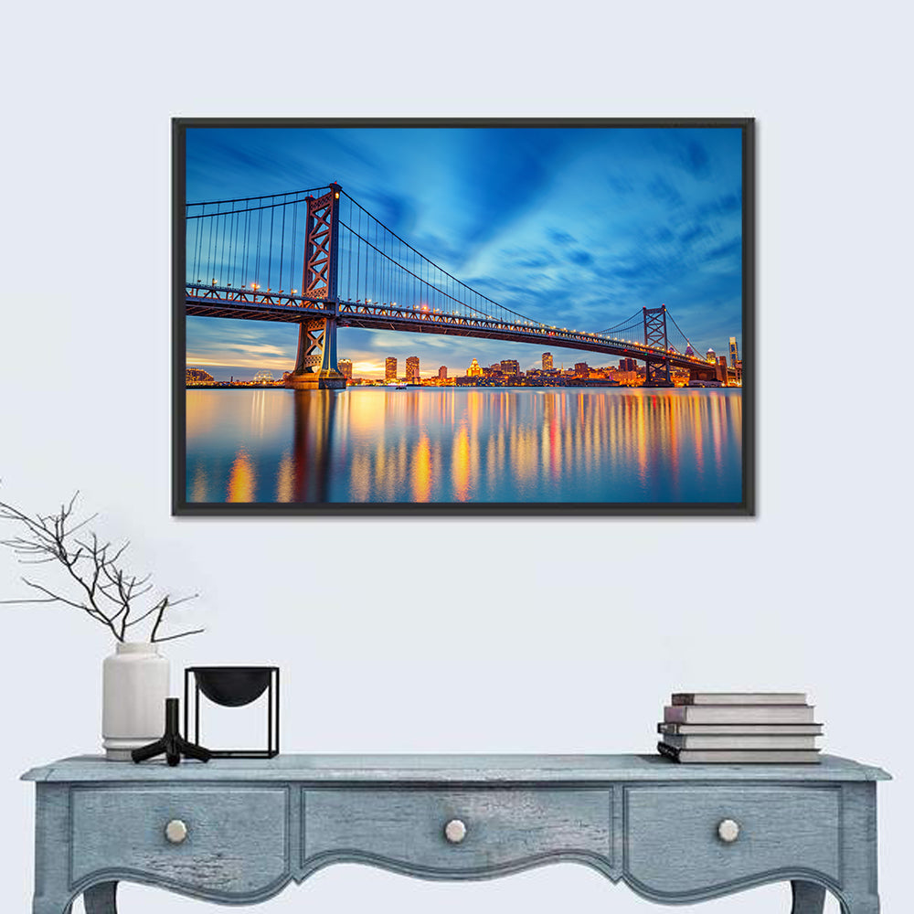 Benjamin Franklin Bridge Twilight Wall Art in a room, landscape