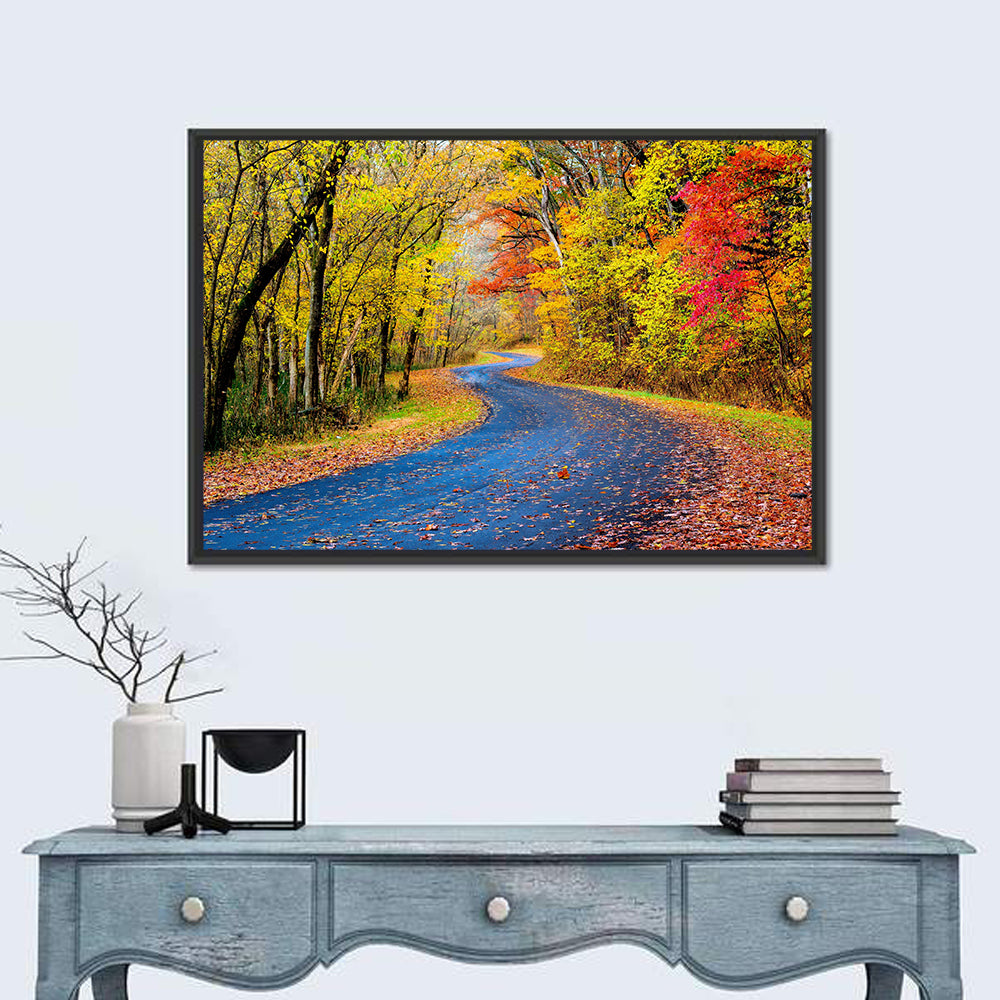 Wet Autumn Road Wall Art in a room, landscape