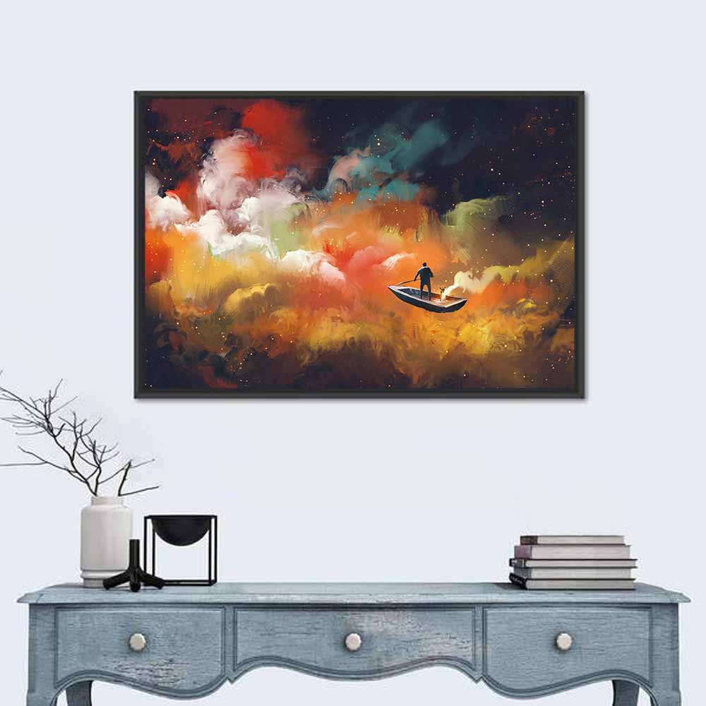 Solitary Man in Boat Under Celestial Clouds Wall Art