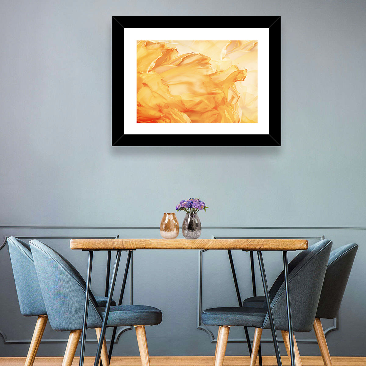 Golden Waving Cloth Abstract Wall Art in a room, landscape