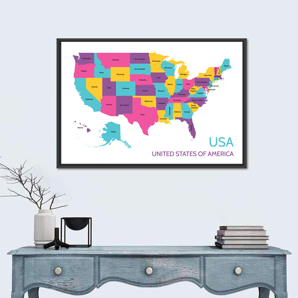 Detailed United States Map Wall Art in a room, landscape