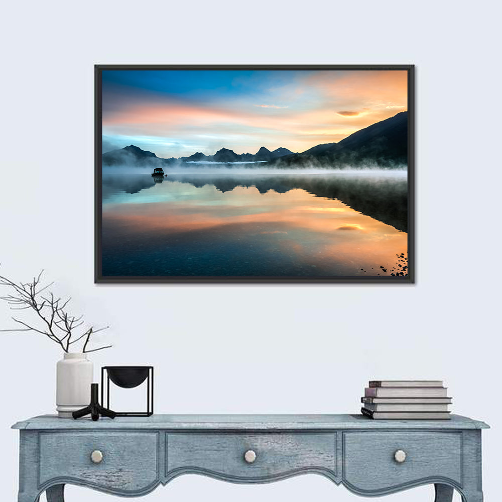 Lake Mcdonald Dawn Mist Wall Art in a room, landscape