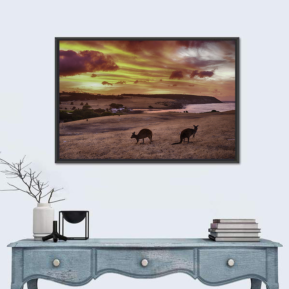 Two Kangaroos at Sunset Coast Wall Art in a room, landscape