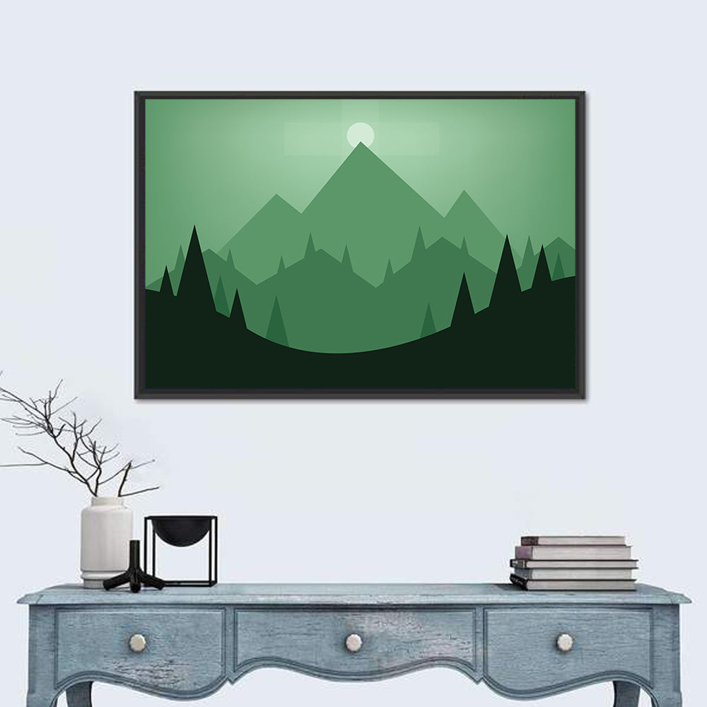 Geometric Mountain Sunset Illustration Wall Art in a room, landscape
