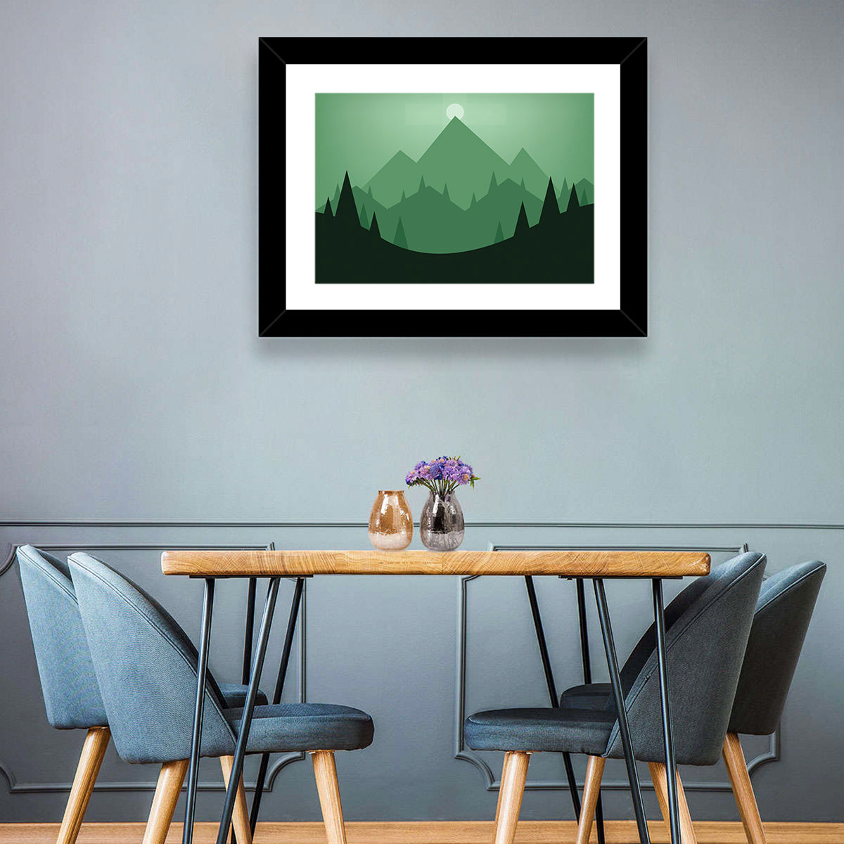 Geometric Mountain Sunset Illustration Wall Art in a room, landscape