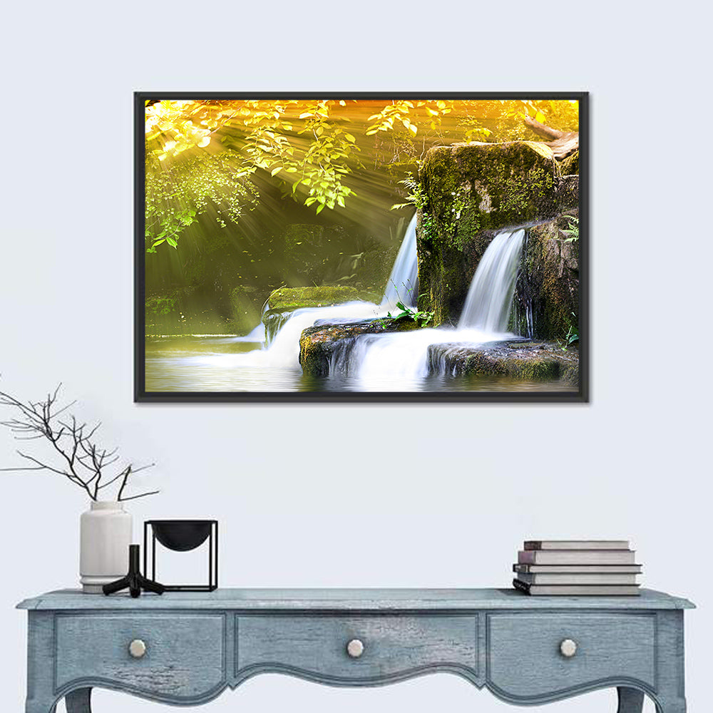 Sunlit Forest Waterfall Wall Art