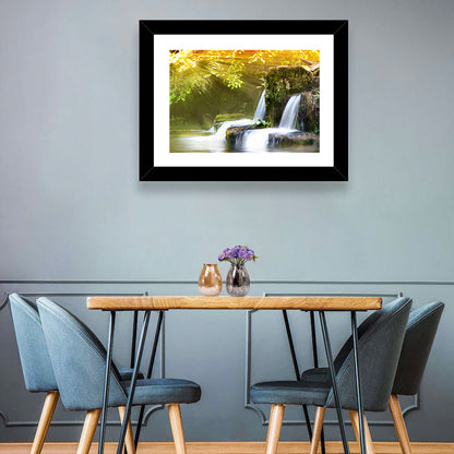 Sunlit Forest Waterfall Wall Art