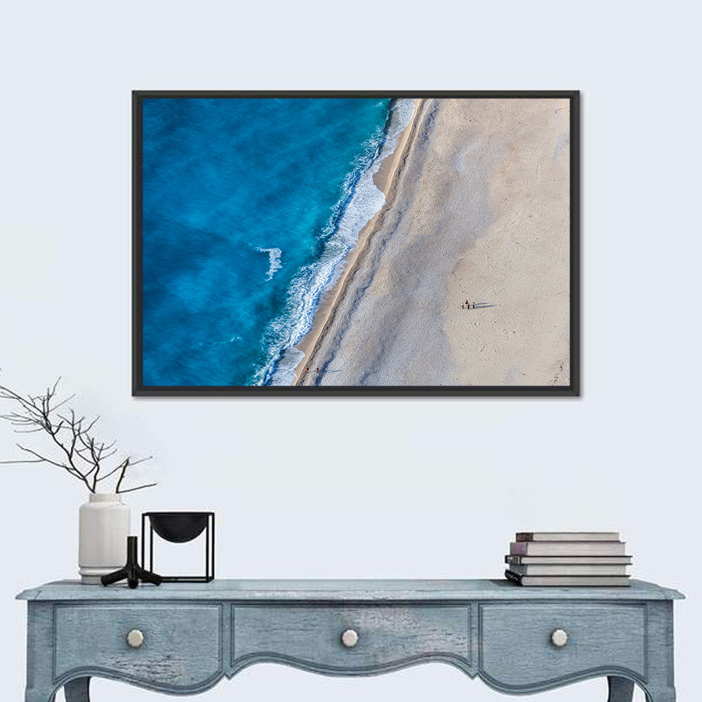 Myrtos Beach Aerial View Wall Art in a room, landscape