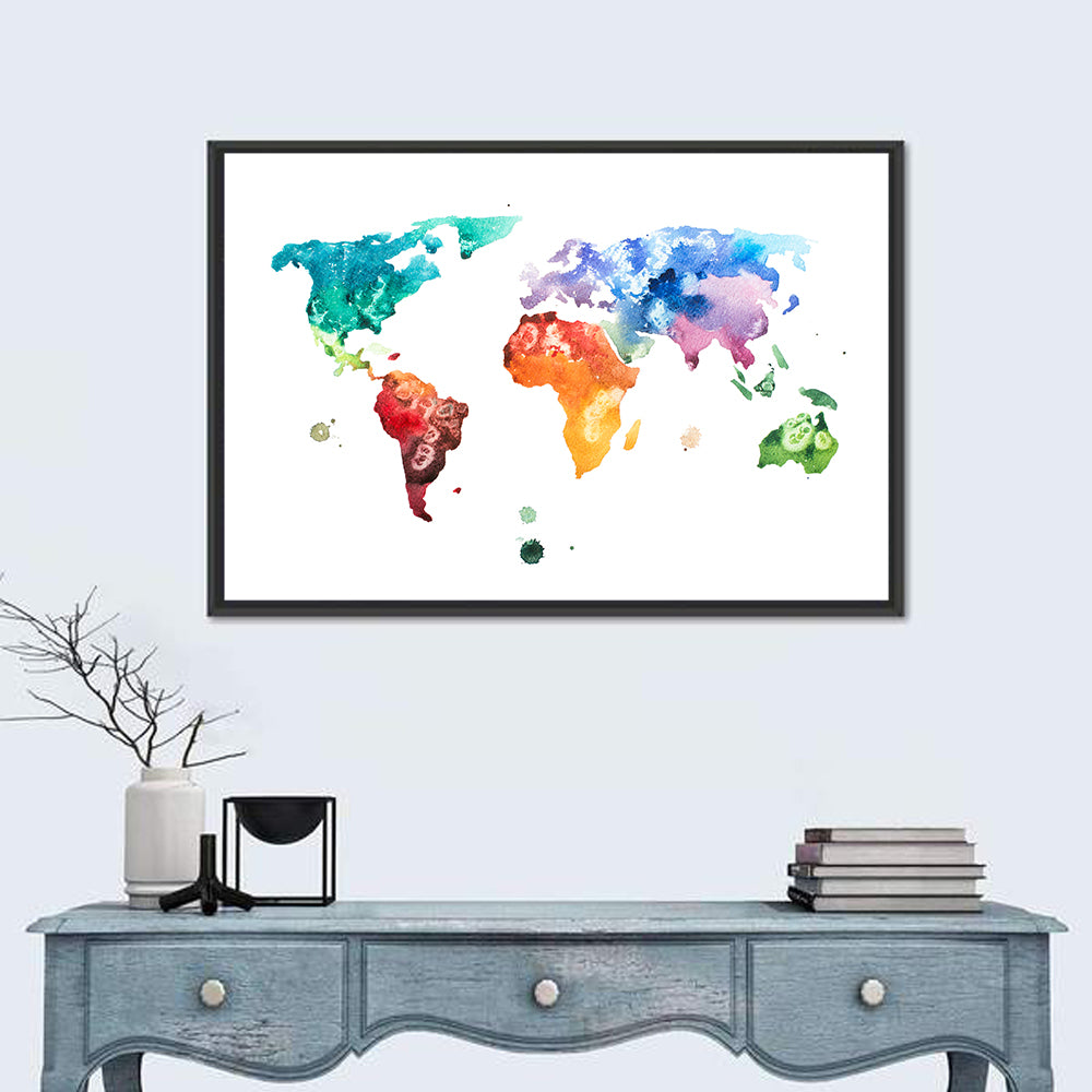 Multicolor Watercolor World Map Wall Art