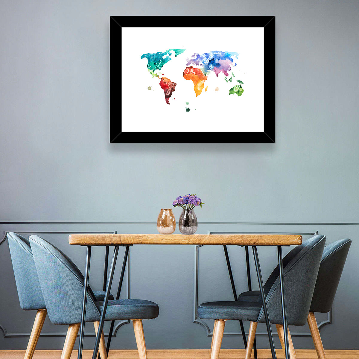 Multicolor Watercolor World Map Wall Art