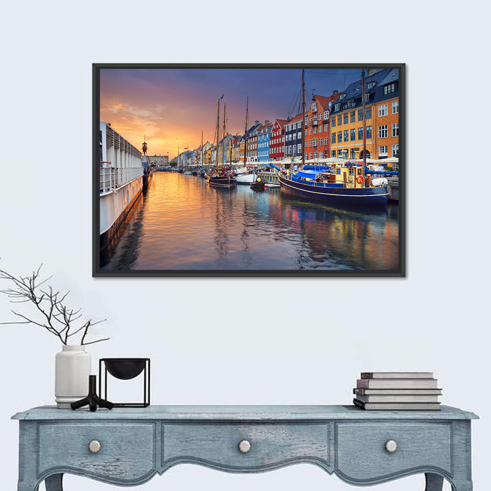 Nyhavn Canal at Sunset Wall Art in a room, landscape