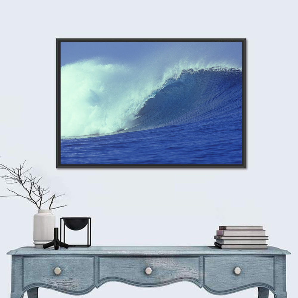 Deep Blue Barrel Wave Wall Art in a room, landscape