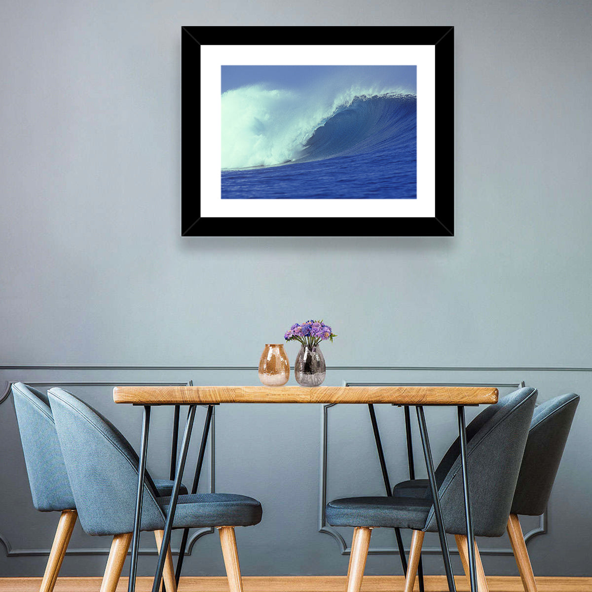 Deep Blue Barrel Wave Wall Art in a room, landscape