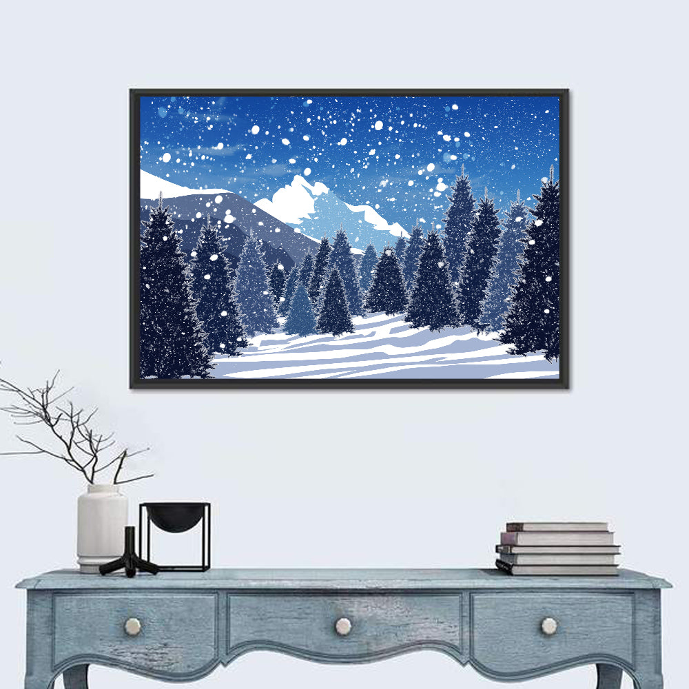 Snowy Evergreen Forest Illustration Wall Art in a room, landscape