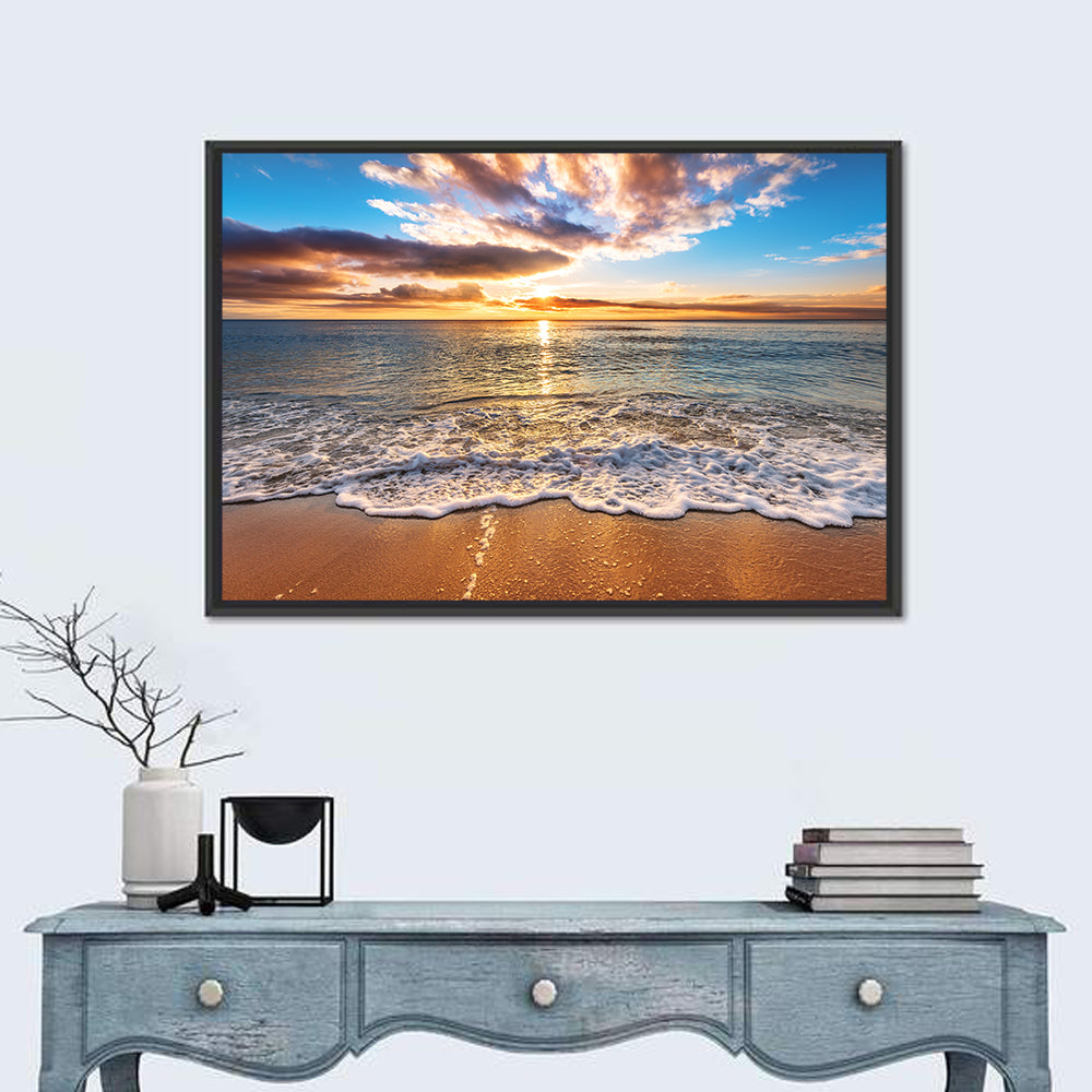 Golden Beach Sunrise Wall Art in a room, landscape