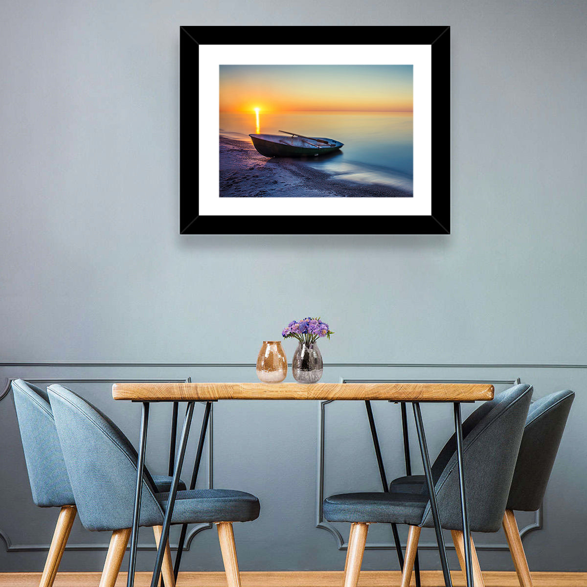 Rowboat Sunrise Seascape Wall Art in a room, landscape