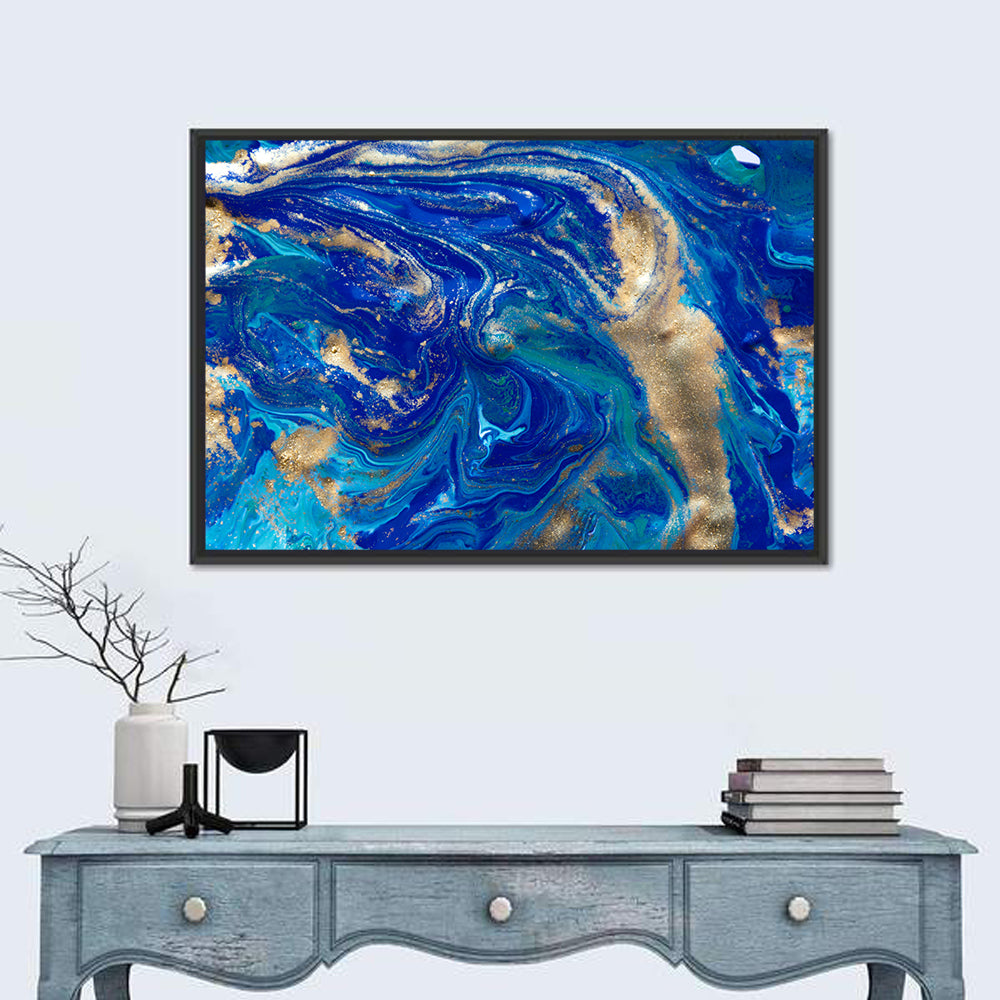 Blue and Gold Liquid Marble Swirls Wall Art in a room, landscape