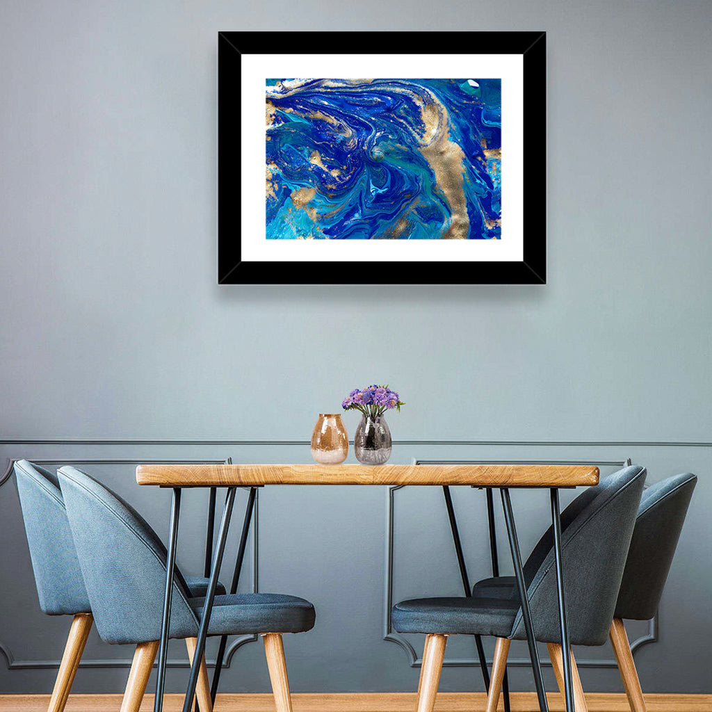 Blue and Gold Liquid Marble Swirls Wall Art