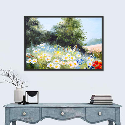 Sunny Daisy Meadow with Red Poppies Wall Art