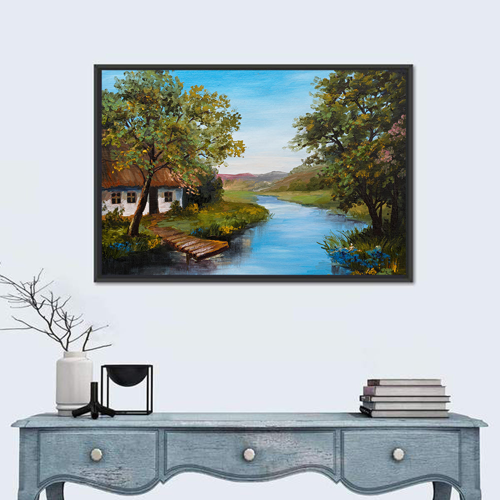 Thatched Cottage by the River Wall Art in a room, landscape