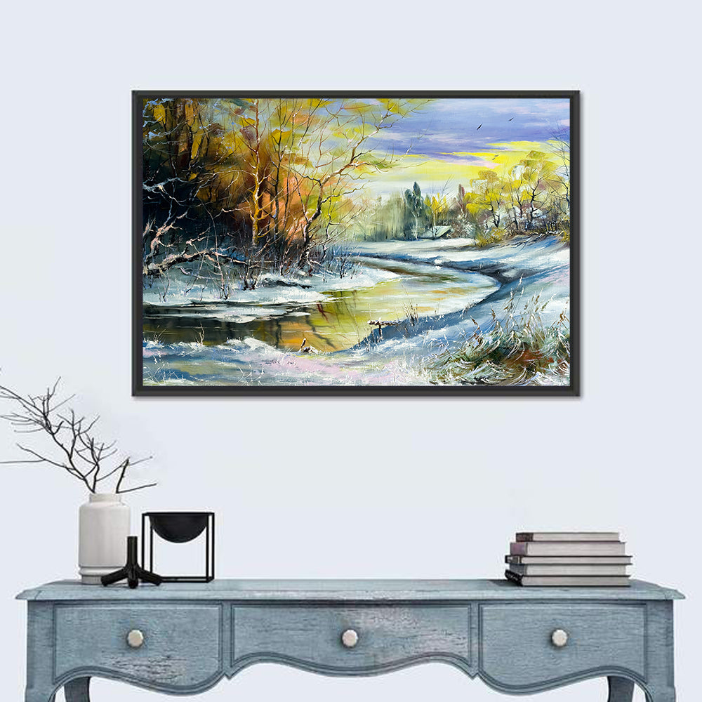 Winter River at Golden Hour Wall Art in a room, landscape