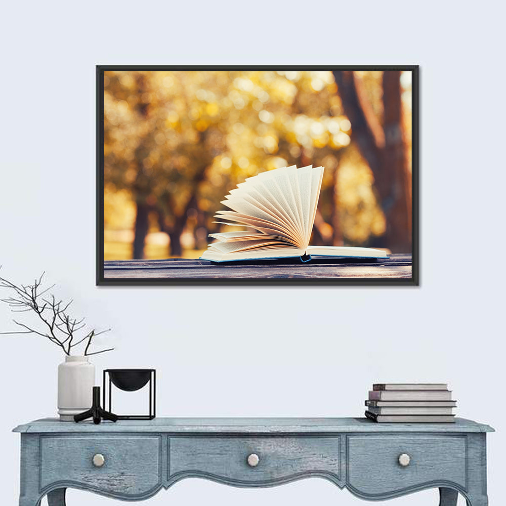 Open Book in Golden Autumn Light Wall Art in a room, landscape