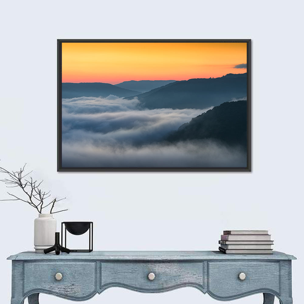Foggy Mountains West Virginia Wall Art in a room, landscape