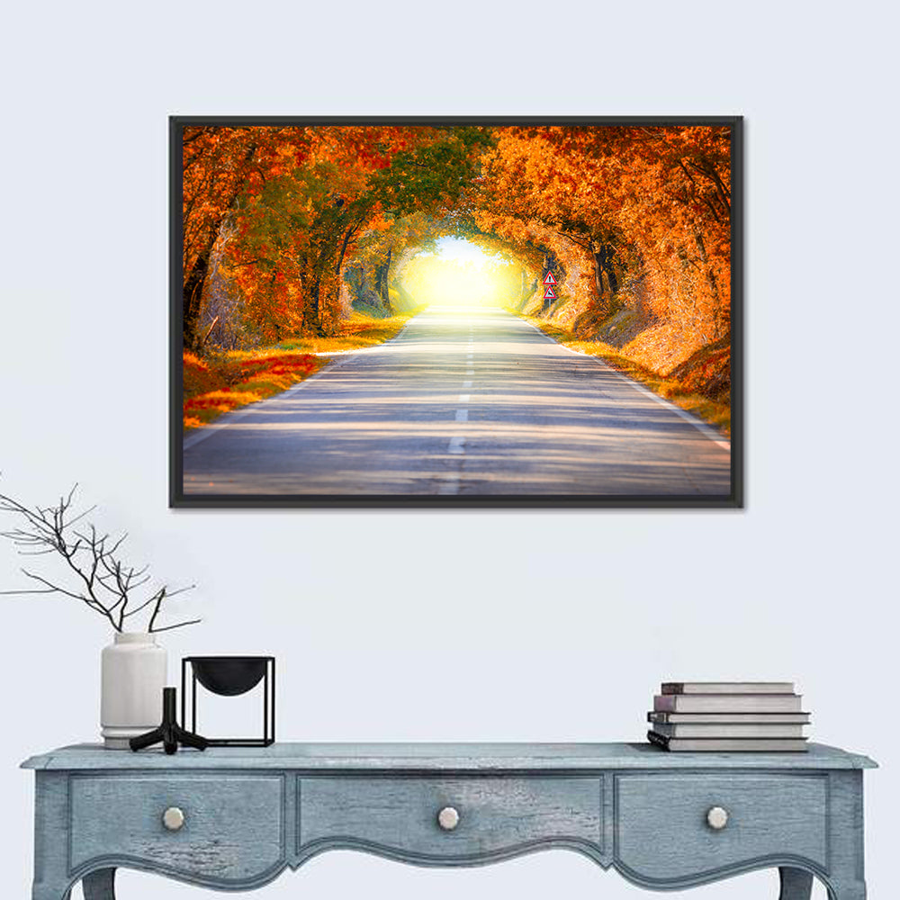 Golden Autumn Tree Tunnel Wall Art in a room, landscape