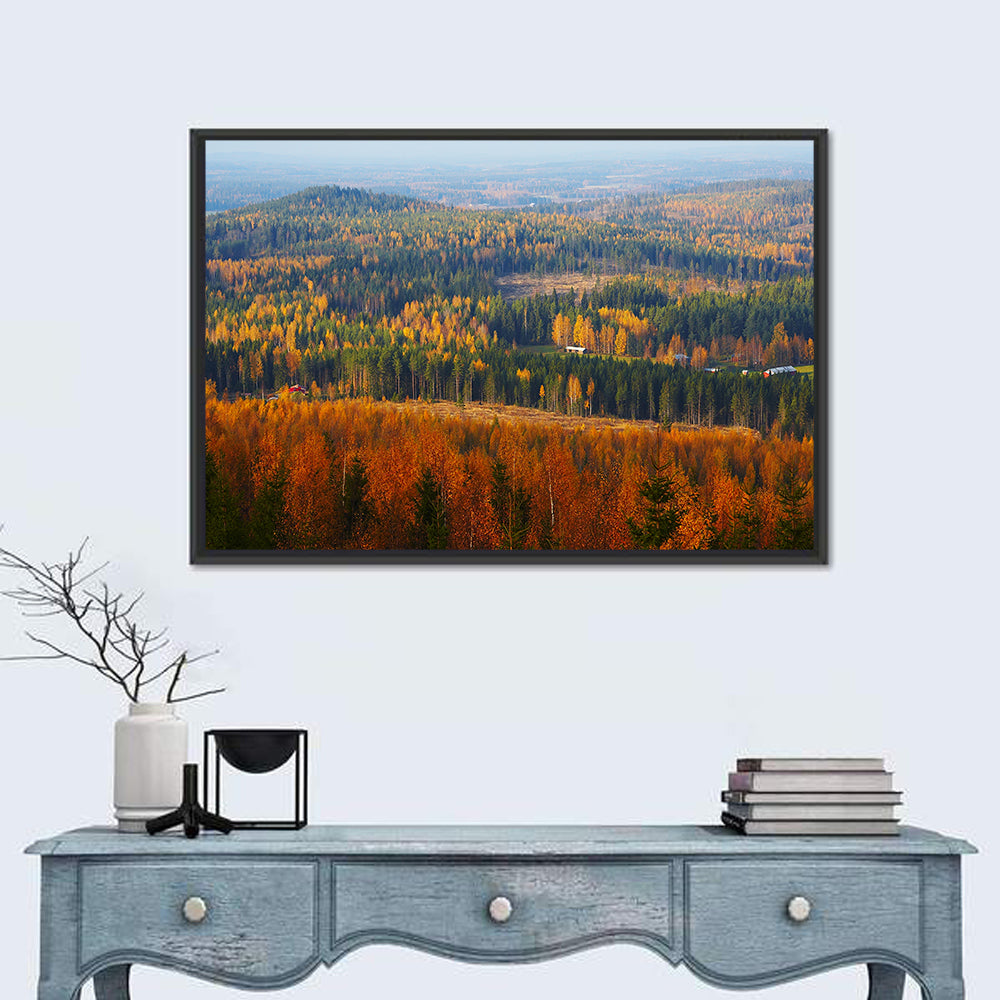 Finnish Autumn Landscape with Red-roofed House Wall Art in a room, landscape