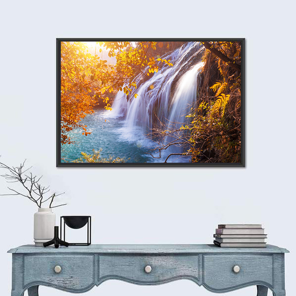 Golden Hour Waterfall in Autumn Forest Wall Art in a room, landscape