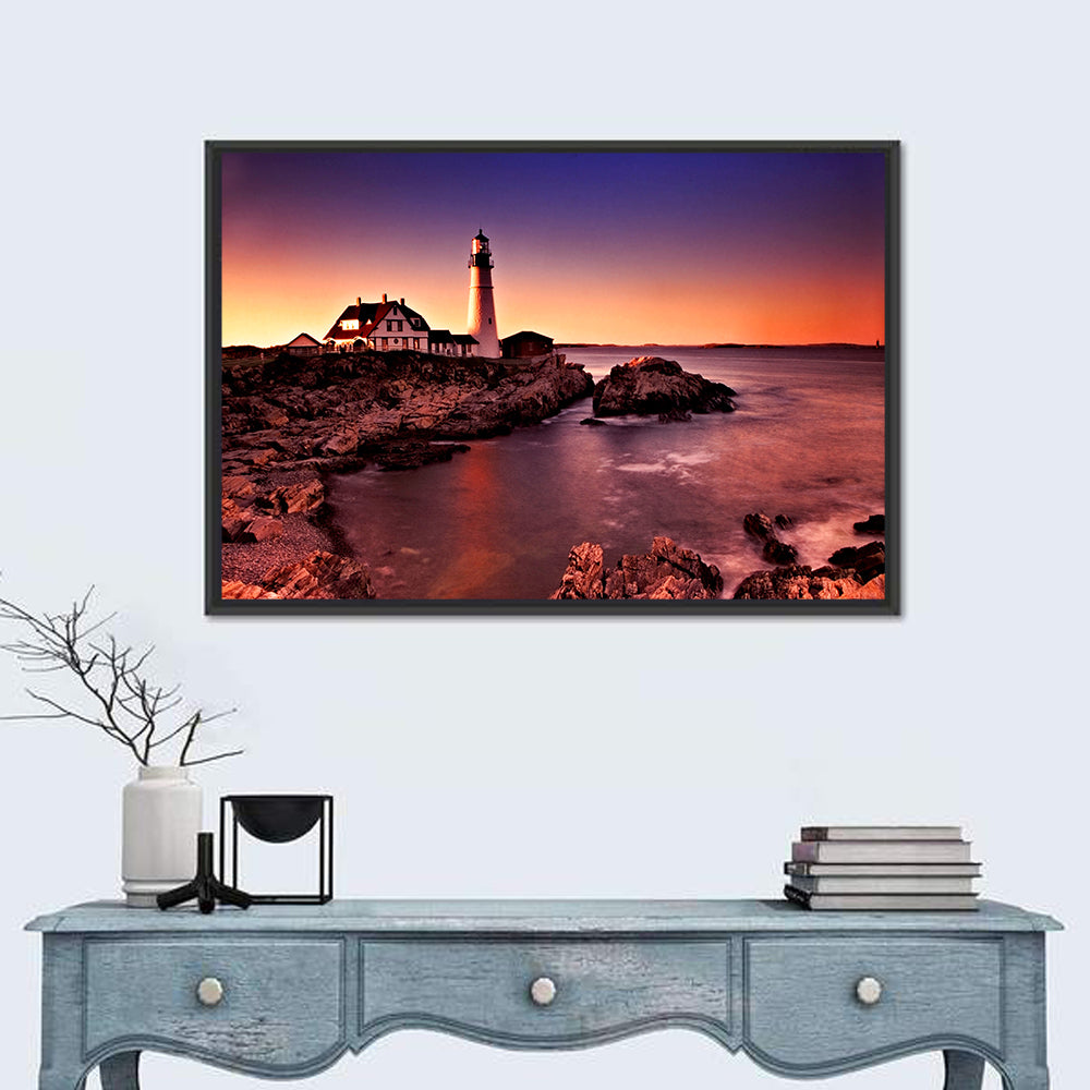 Portland Head Light at Dusk Wall Art in a room, landscape