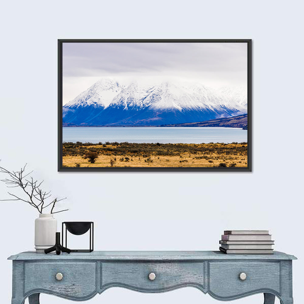 Lake Ohau Snowy Peaks Wall Art in a room, landscape