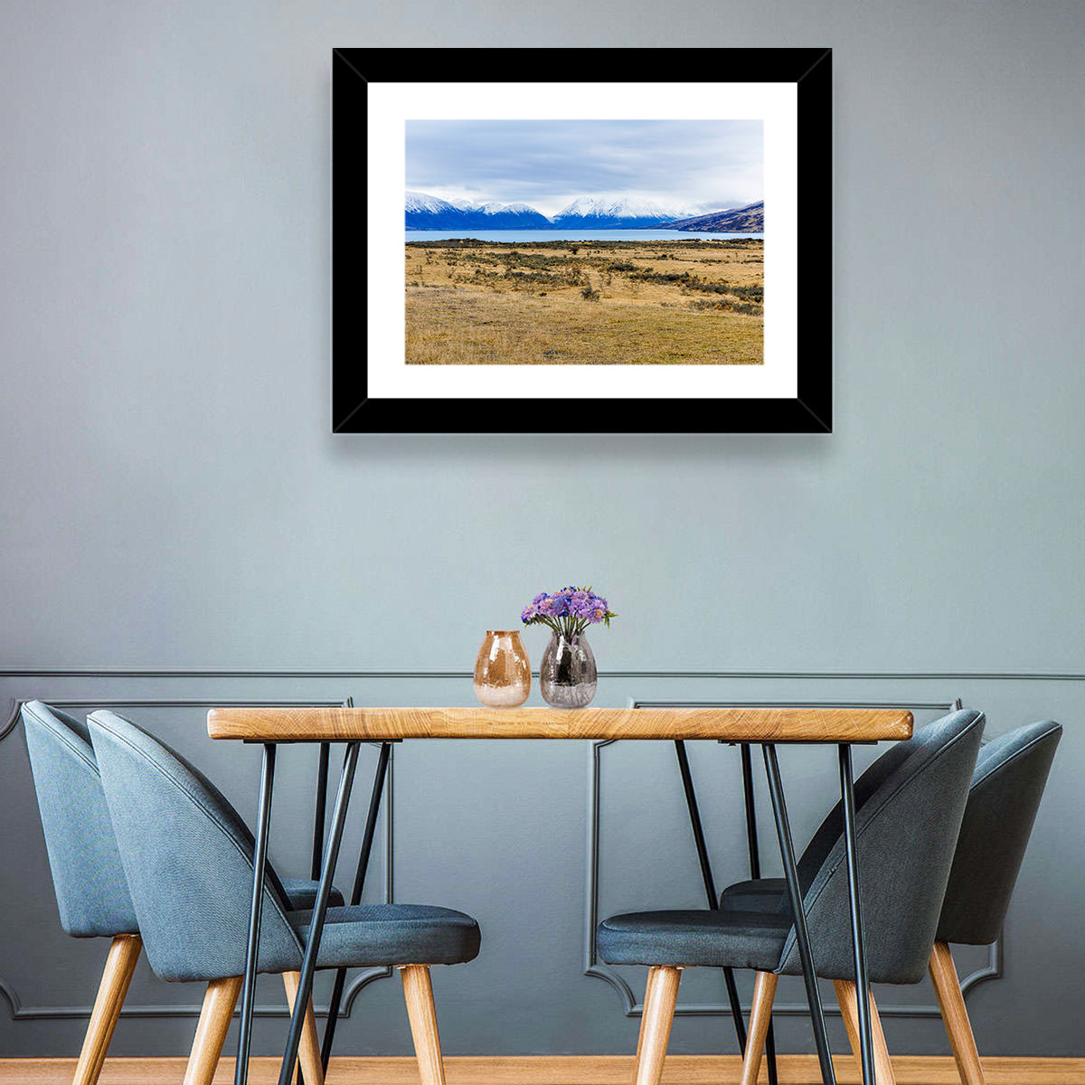 Snowy Peaks of Lake Ohau Wall Art in a room, landscape