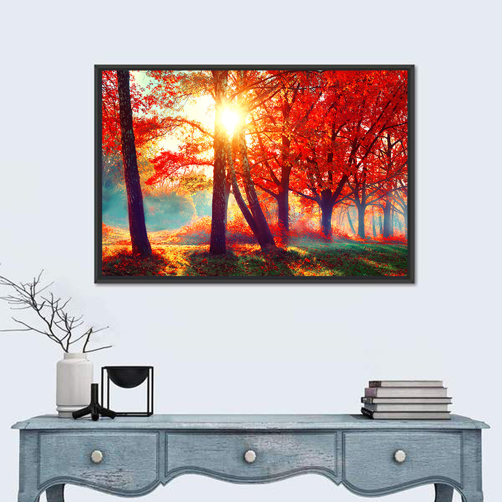 Autumn Park Sunrise Wall Art in a room, landscape