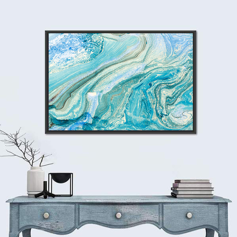 Aqua Marble Swirls with Silver Accents Wall Art