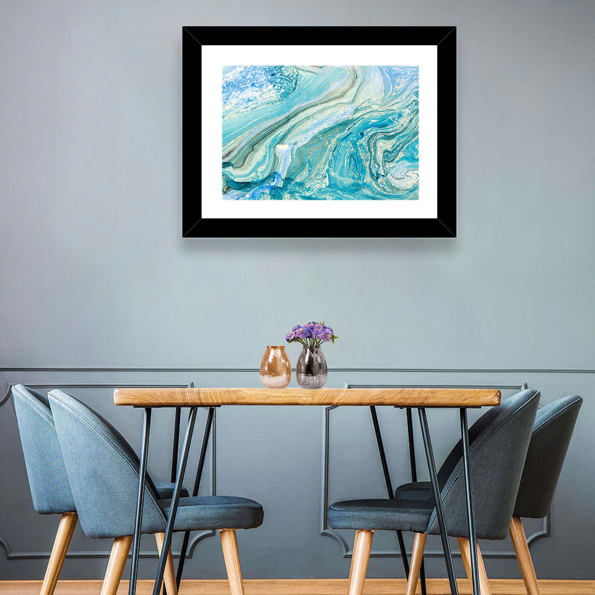 Aqua Marble Swirls with Silver Accents Wall Art in a room, landscape