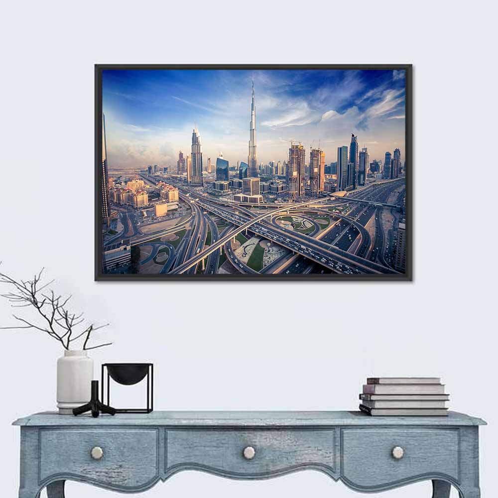 Dubai Aerial Skyline Wall Art in a room, landscape