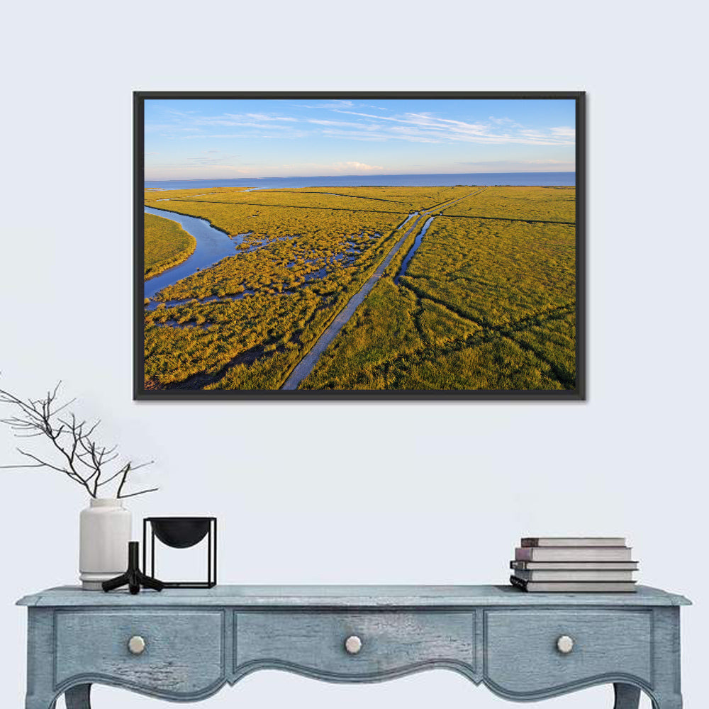 Delaware Bay Marshland Aerial Wall Art in a room, landscape