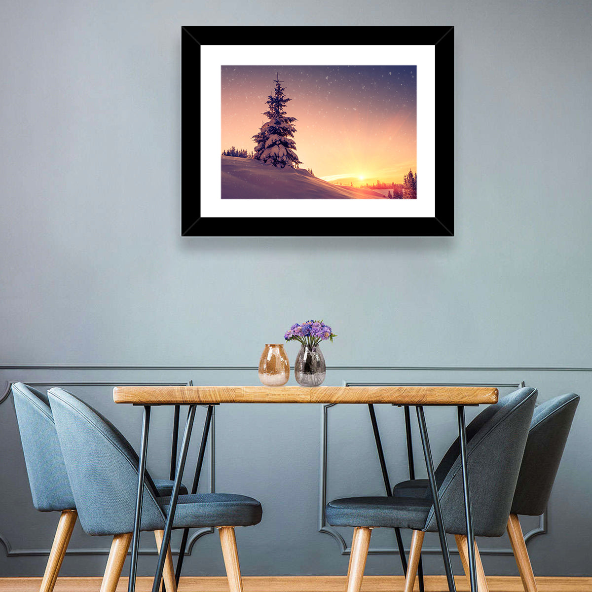 Snowy Sunset with Conifer Wall Art in a room, landscape