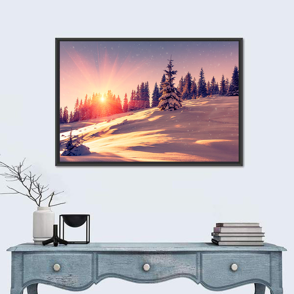 Winter Mountains Sunrise Wall Art in a room, landscape