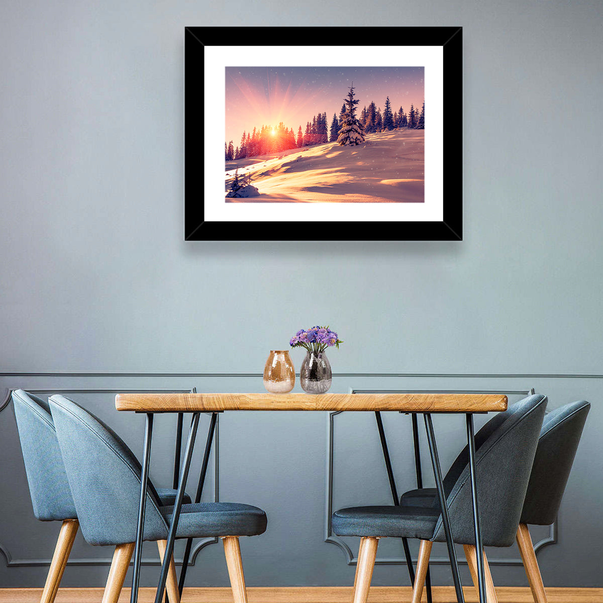 Winter Mountains Sunrise Wall Art in a room, landscape