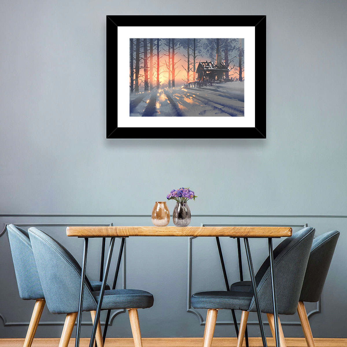 Snowy Forest Cabin at Sunset Wall Art in a room, landscape
