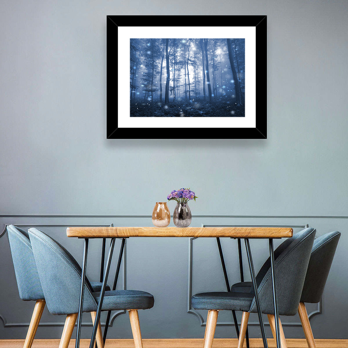 Blue Mist Forest at Twilight Wall Art in a room, landscape