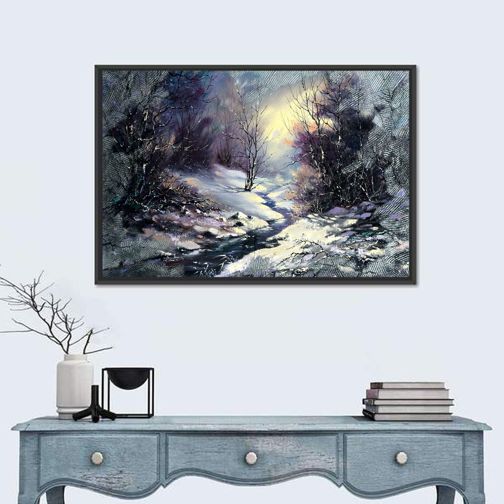 Sunlit Frozen Stream in Winter Forest Wall Art