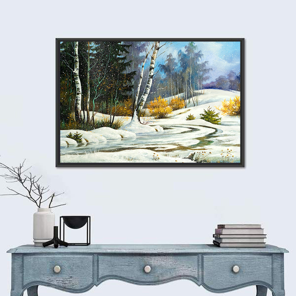Birch Trees and Frozen Creek Landscape Wall Art in a room, landscape