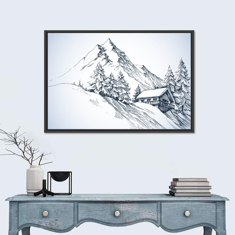 Snowy Mountain Cabin Sketch Wall Art in a room, landscape