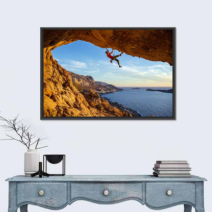 Climber on Overhanging Coastal Rock Wall Art